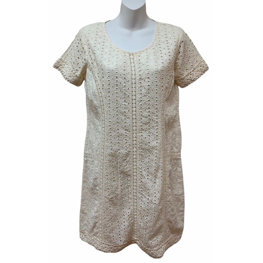 Sundance Cream Cotton Eyelet Short Sleeve Knee Length Summer Dress Women's Sz 2